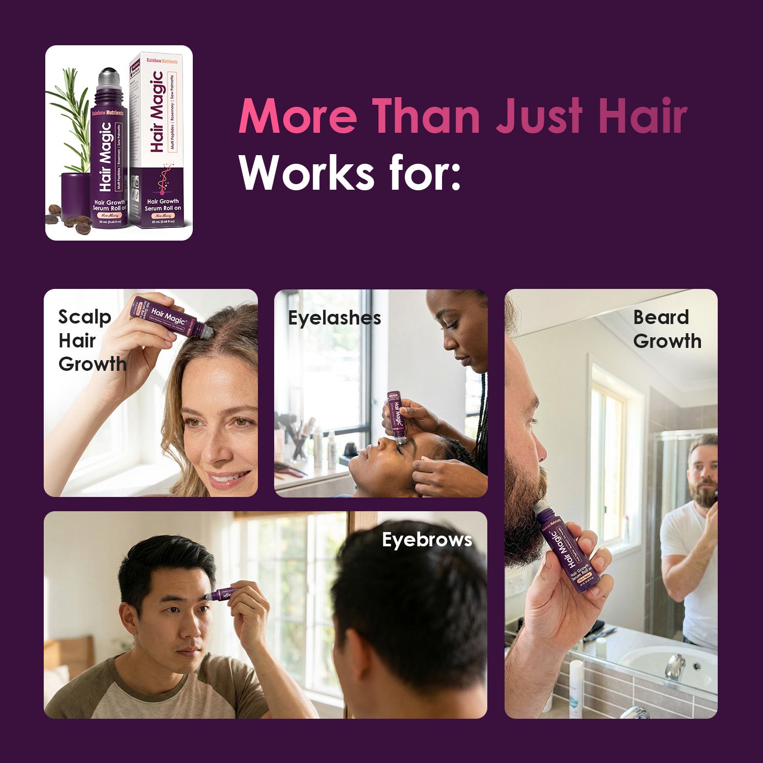 Works on scalp, hair, eyelashes, eyebrows, and beard