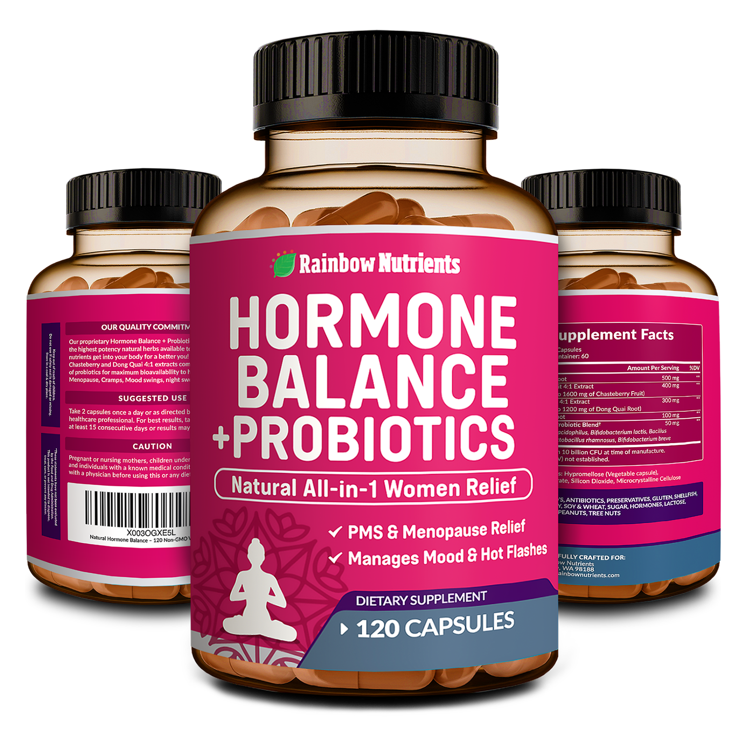 Hormone Balance + Probiotics bottle from all sides