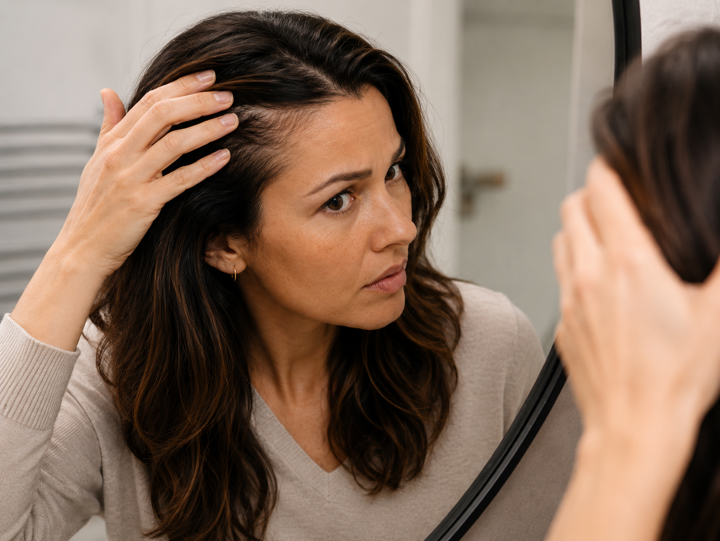 Mujer observando la línea del cabello